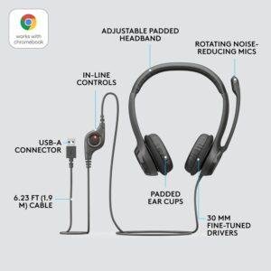 Logitech H390 Wired On Ear Headset for PC/Laptop, Stereo Headphones with Noise Cancelling Microphone, USB-A, In-Line Controls, Works with Chromebook - Image 6