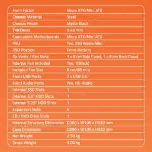 Artis Joy 2.0 Slim Computer Cabinet Support Micro ATX /Mini ATX Motherboard ,1 x 80mm Fan with VIP 250 Watt Power Supply - Image 8