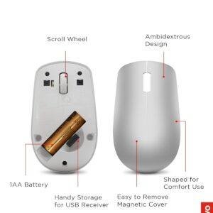 Lenovo 530 Wireless Mouse (Platinum Grey): Ambidextrous, Ergonomic Mouse, Up to 8 Million clicks for Left and Right Buttons, Optical Sensor 1200 DPI, 2.4 GHz Wireless Technology via Nano USB Receiver - Image 6