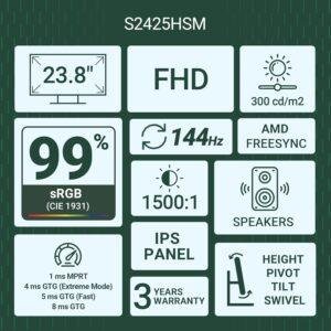 Dell S2425HSM 24"/60.45cm FHD Monitor, 144Hz Refresh Rate, IPS Panel, 1ms Response, Flicker-free, Contrast 1500:1, 2xHDMI, Built-in 6W Dual Speakers, Warranty 3 Years, TÜV Rheinland 4-Star Eye Comfort - Image 3