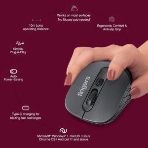 FINGERS AeroGrip Nova Wireless Mouse - 3-in-1 (USB Receiver + Bluetooth + Rechargeable), Adjustable DPI, Anti-Slip Grip, Ambidextrous Design, Works on Most Surfaces - Dark Grey - Image 7