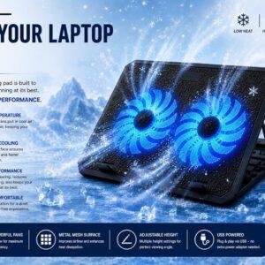 Laptop Cooling Pad with Dual Fan | Blue LED | Dual USB, Quiet Operation, Office & Gaming Use - Image 3