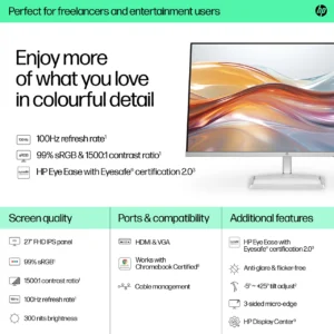 HP Series 5 68.58 cm (27 inch) Full HD LED Backlit IPS Panel with On-screen controls, Anti-glare, 300 nits brightness, Eye Ease Technology Monitor (527sf) (Response Time: 5 ms, 100 Hz Refresh Rate) - Image 4